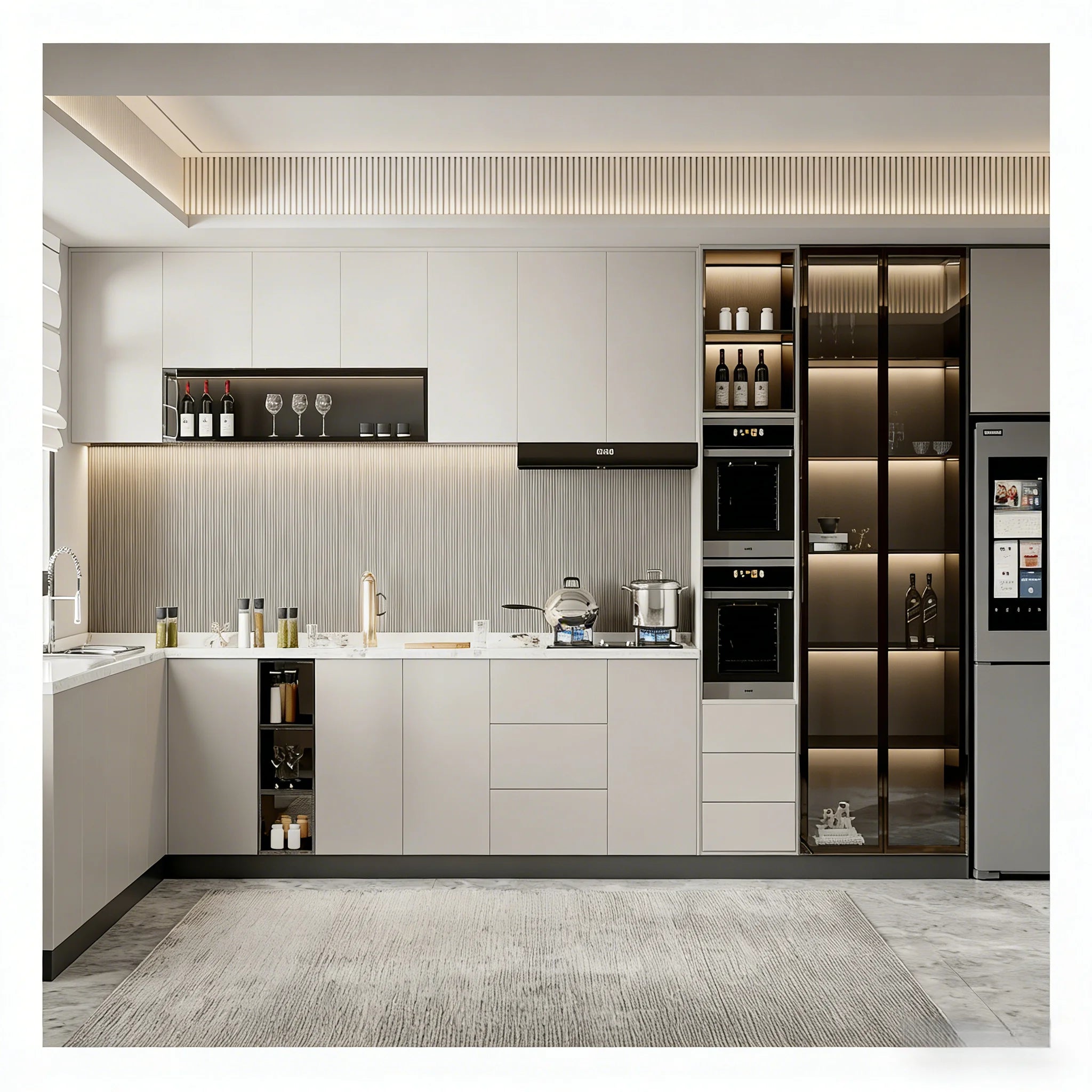 VermonHouzz Large Capacity Kitchen Cabinet Custom Light Tone Lighted Glass Door Embedded Storage Rack for Restaurant Kitchen