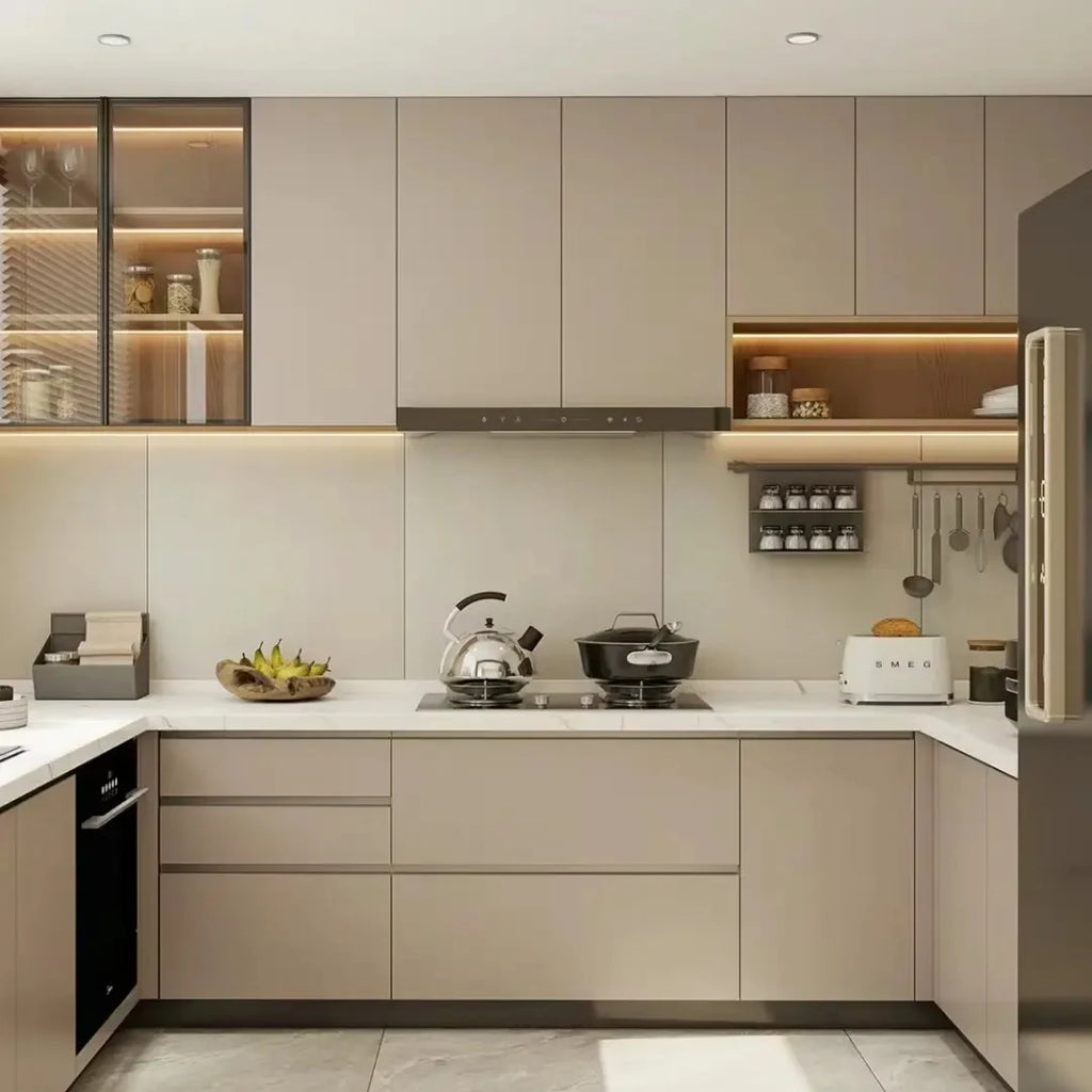 VermonHouzz Large Capacity Kitchen Cabinet Custom Light Tone Lighted Glass Door Embedded Storage Rack for Restaurant Kitchen