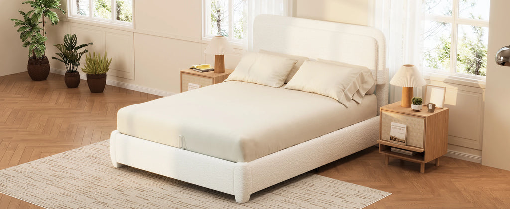 Queen Bed Frame with Adjustable Height Headboard, Modern Platform Bed with Curved Cloud Headboard