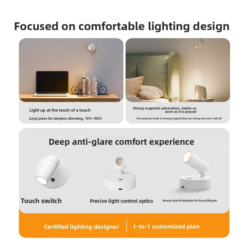 Indoor Magnetic Rechargeable Mini LED Spotlight Rotatable Touch Control USB Charging  Port Wall Lamp for Bedroom Plants Lighting