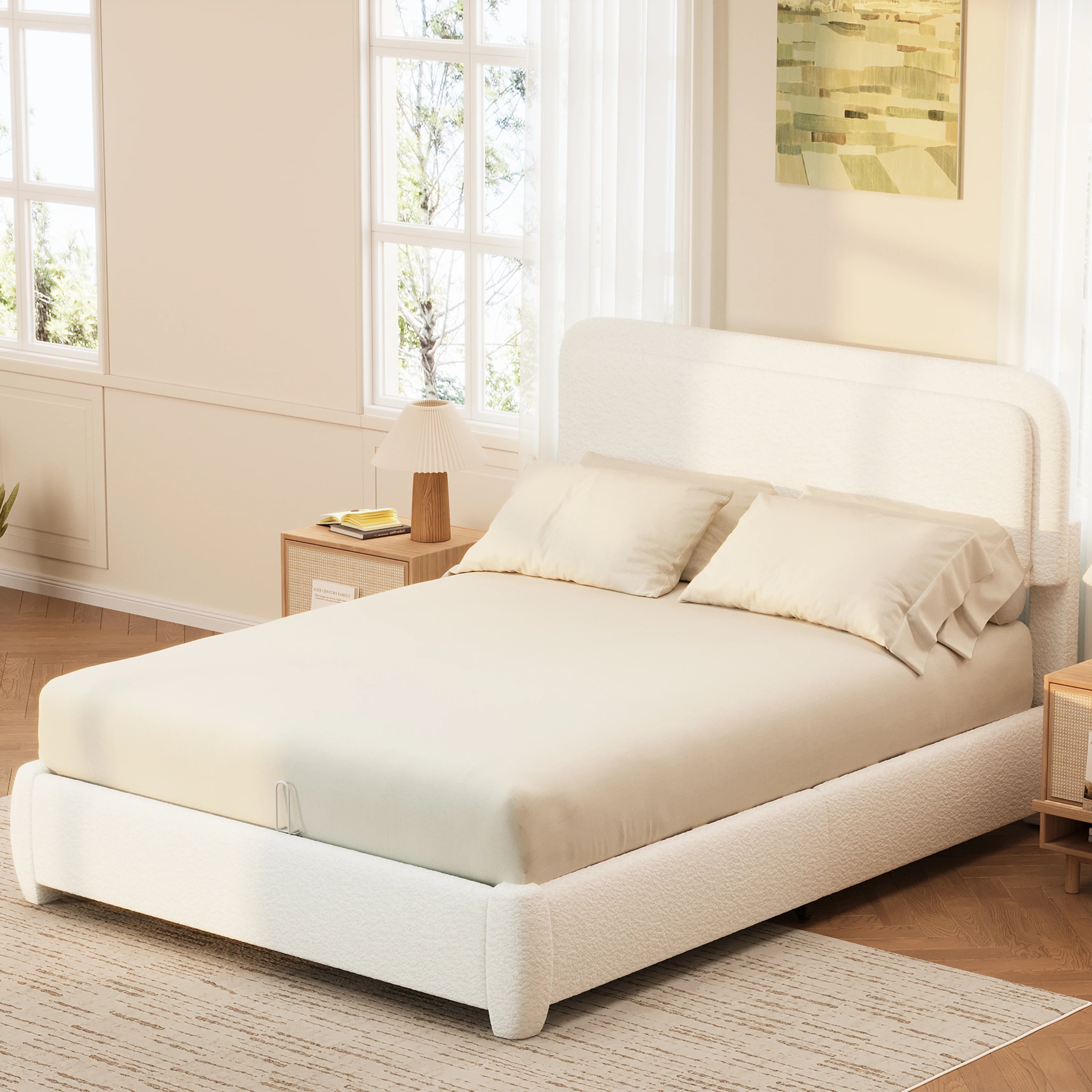 Queen Bed Frame with Adjustable Height Headboard, Modern Platform Bed with Curved Cloud Headboard