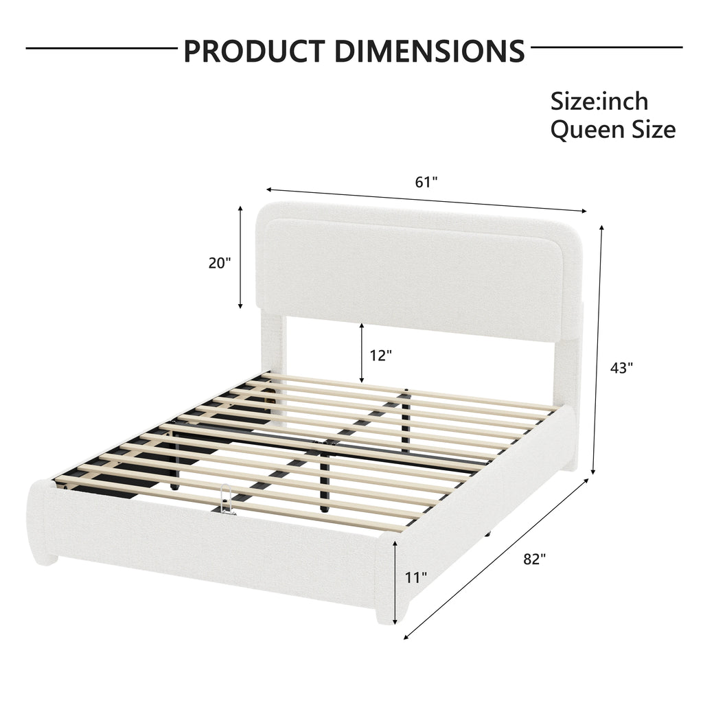 Queen Bed Frame with Adjustable Height Headboard, Modern Platform Bed with Curved Cloud Headboard