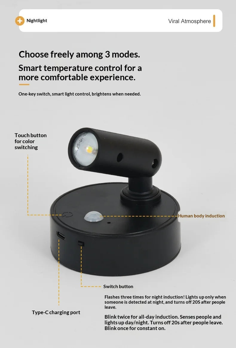 Wall Light LED light magnetic Spotlight Wireless USB Rechargeable No Punch Reading Light With Touch Switch Dimmable Bedside Lamp
