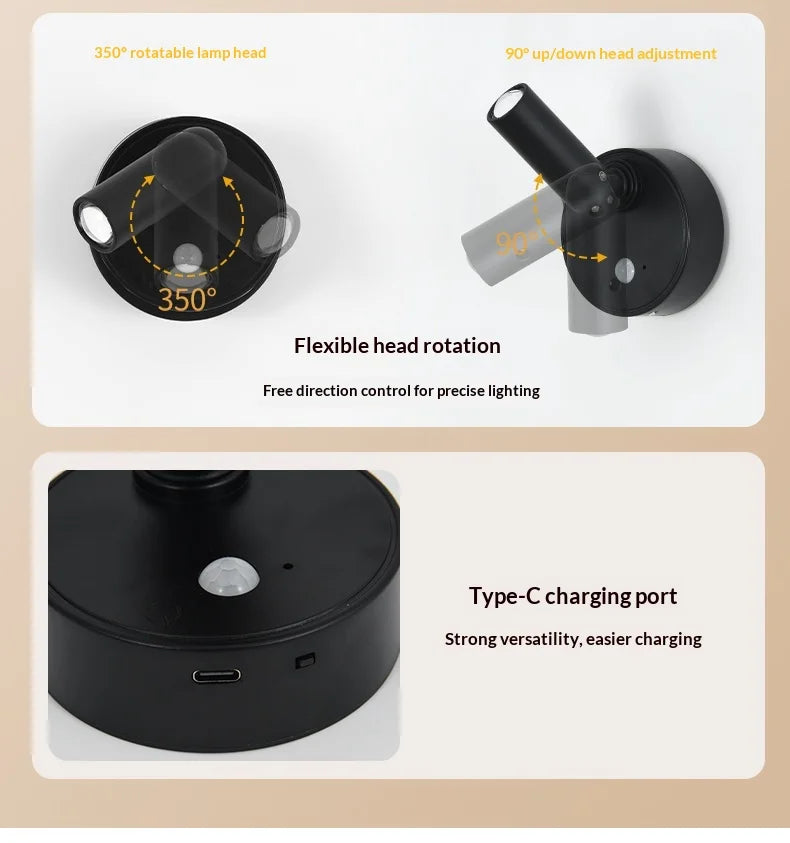 Wall Light LED light magnetic Spotlight Wireless USB Rechargeable No Punch Reading Light With Touch Switch Dimmable Bedside Lamp