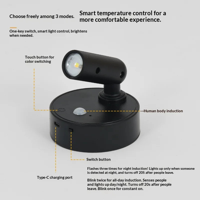 USB Rechargeable Wall Light LED light magnetic Spotlight Wireless No Punch Reading Light With Touch Switch Dimmable Bedside Lamp
