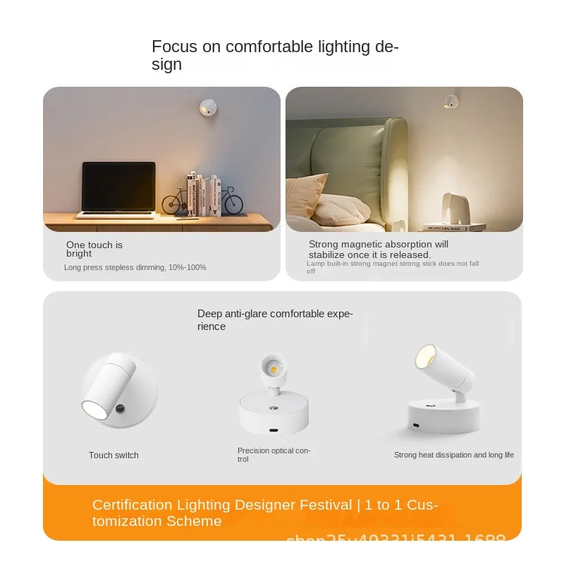 Mini Rechargeable Wall Light Black White Simple Three Color Adjustable Bedroom Bathroom Doorway LED Wireless Magnetic Spotlight
