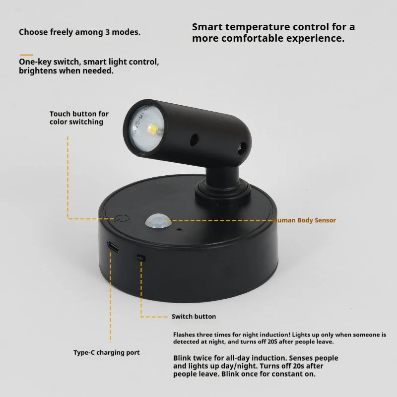 Magnetic Base USB Rechargeable LED Cordless Wall Light Touch Switch Dimmable Bedside Lamp For Reading  Atmosphere Light