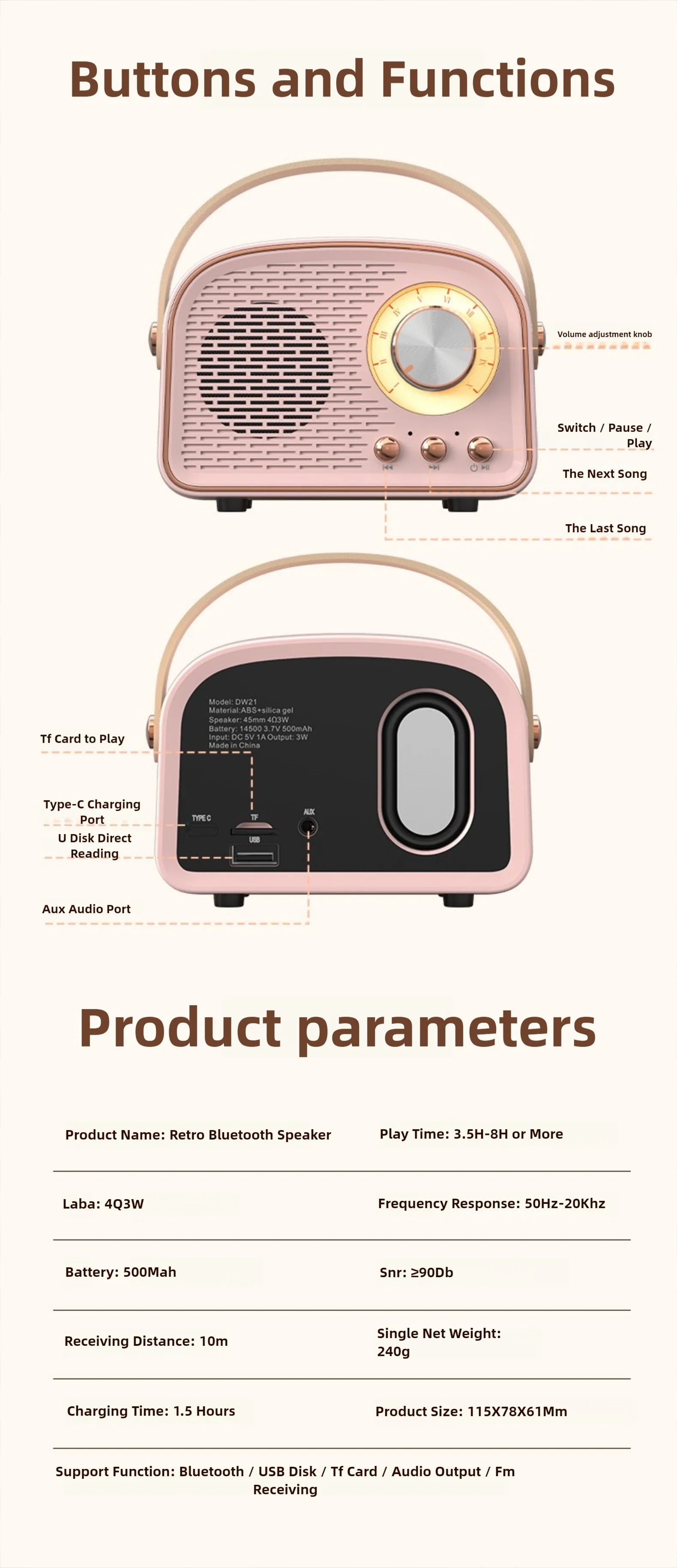 Retro Bluetooth-compatible Speaker Cute Mini Speaker with FM Radio Wireless Speaker with TWS Music Player Hifi Stereo TF USB