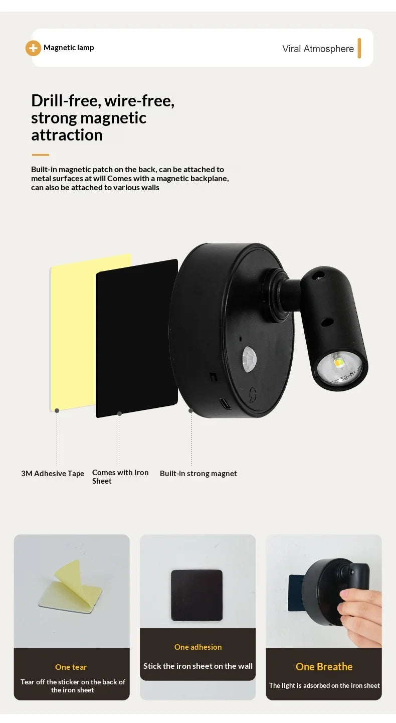 Wall Light LED light magnetic Spotlight Wireless USB Rechargeable No Punch Reading Light With Touch Switch Dimmable Bedside Lamp